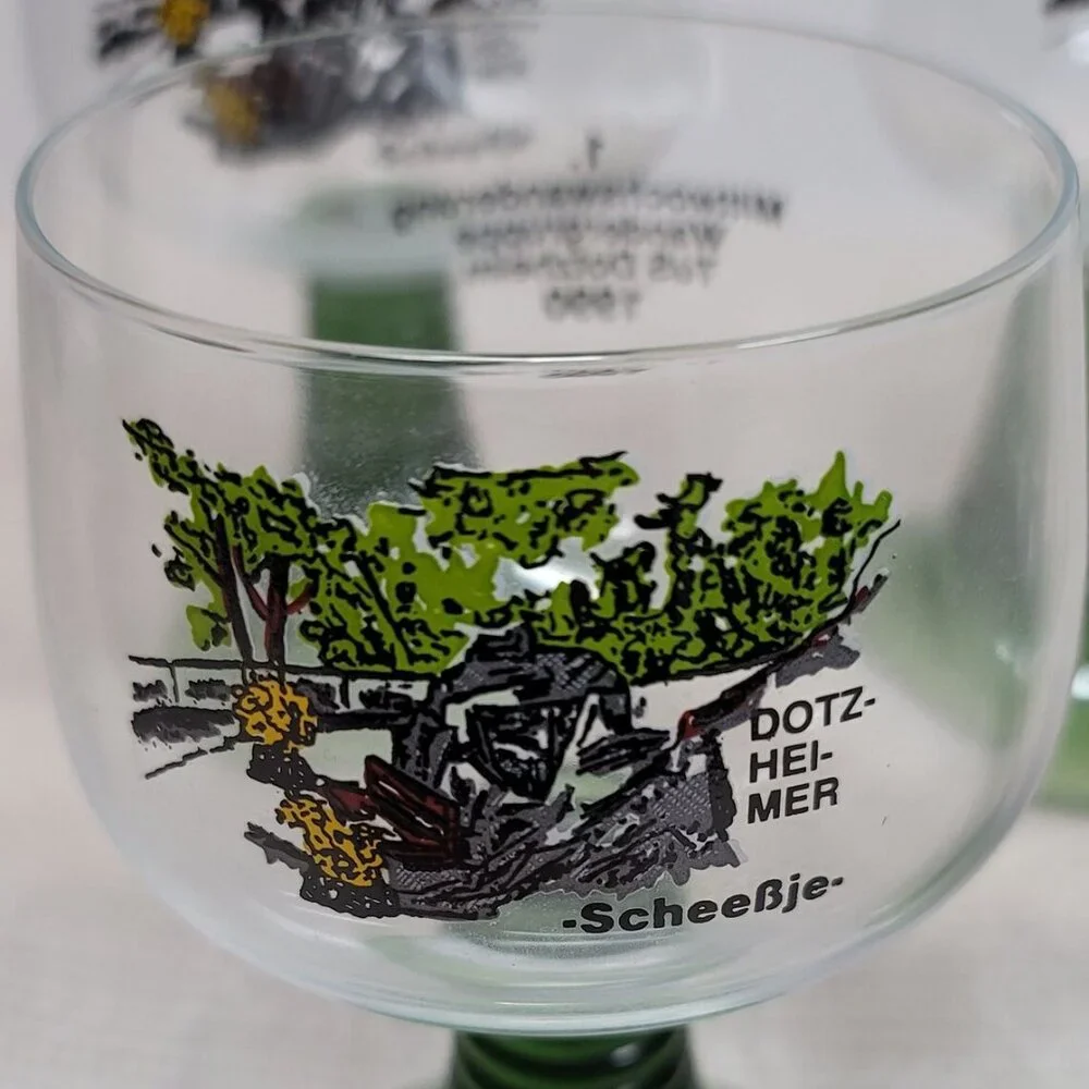 Vintage Volksmarch Wine Glass DotzHeimer Scheessje,‎ Green Stem Wine Glass 1990